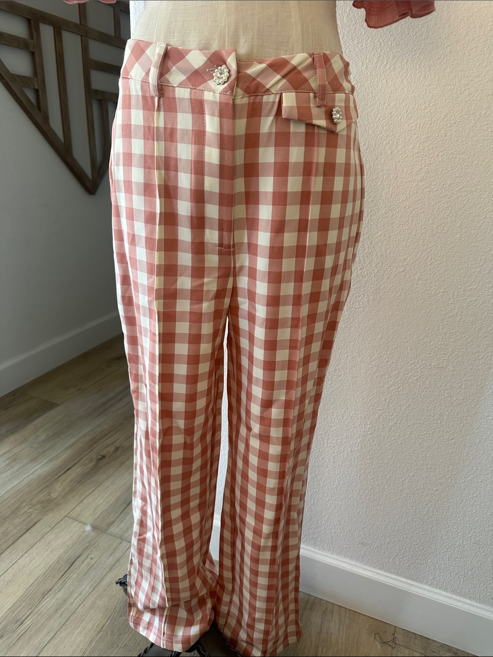 NWT Cider Pink and Cream Gingham Straight-to-Wide Trousers